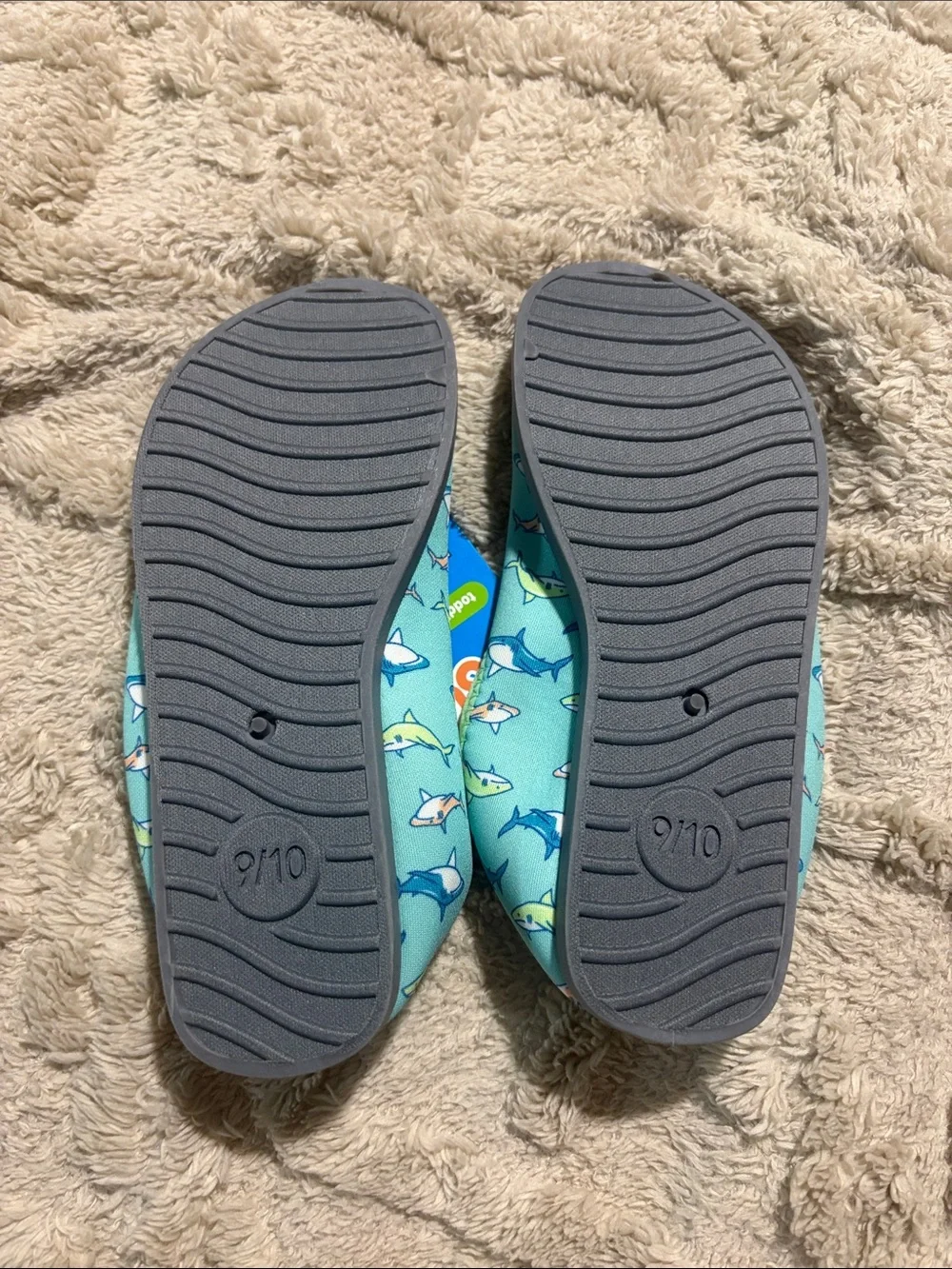 Bring on the Sun Toddler Water Shoes in Aqua Shark Print - Large 9/10